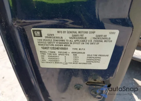 2004 GMC Envoy Xuv Sle z USA, uszkodzony, nr VIN 1GKET12S246166691